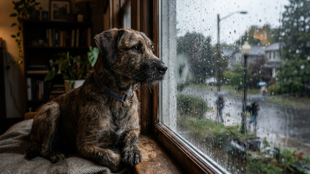 Perrito protegiéndose de la lluvia